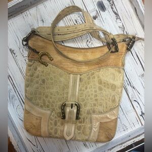 Arcadia Italian Croc‑Embossed Leather Shoulder Bag, Neutral Tan, Horseshoe Charm